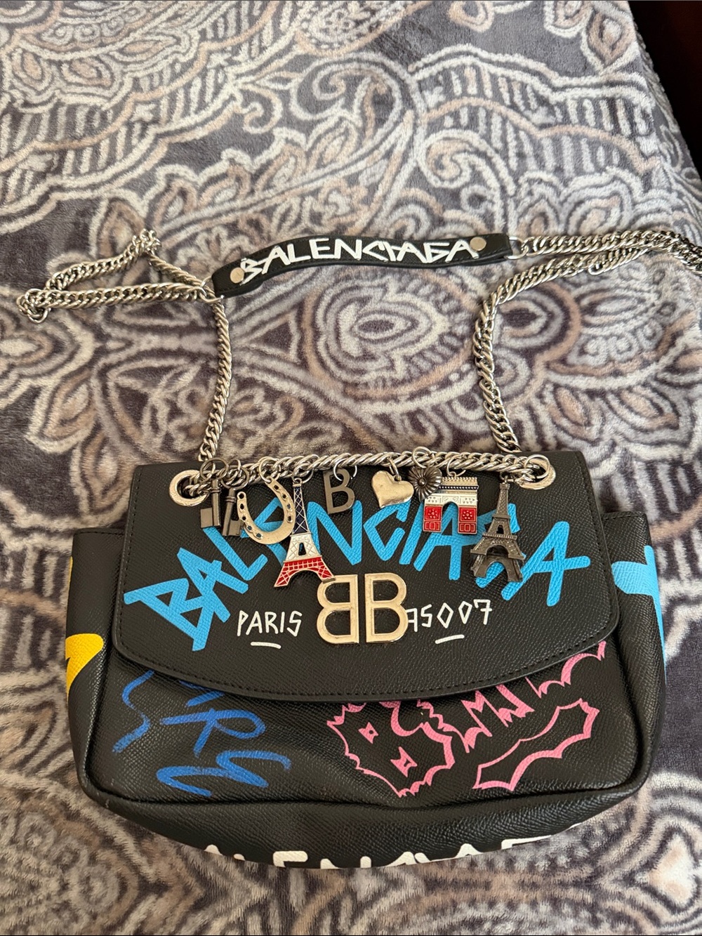 Balenciaga Black Leather Graffiti Chain Shoulder Bag with Blue and Pink Accents